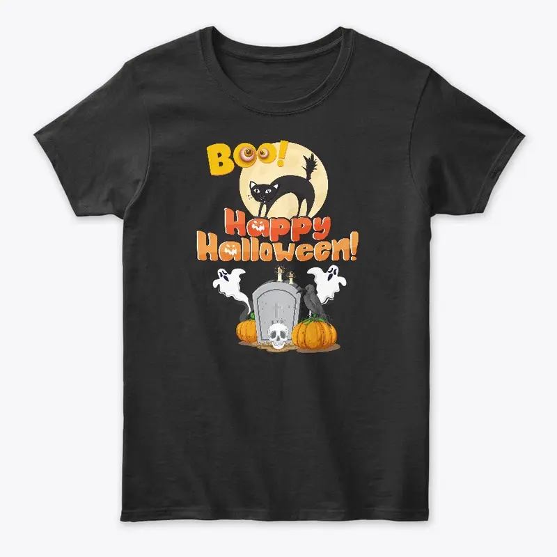 Boo Happy Halloween Black Cat T-shirt