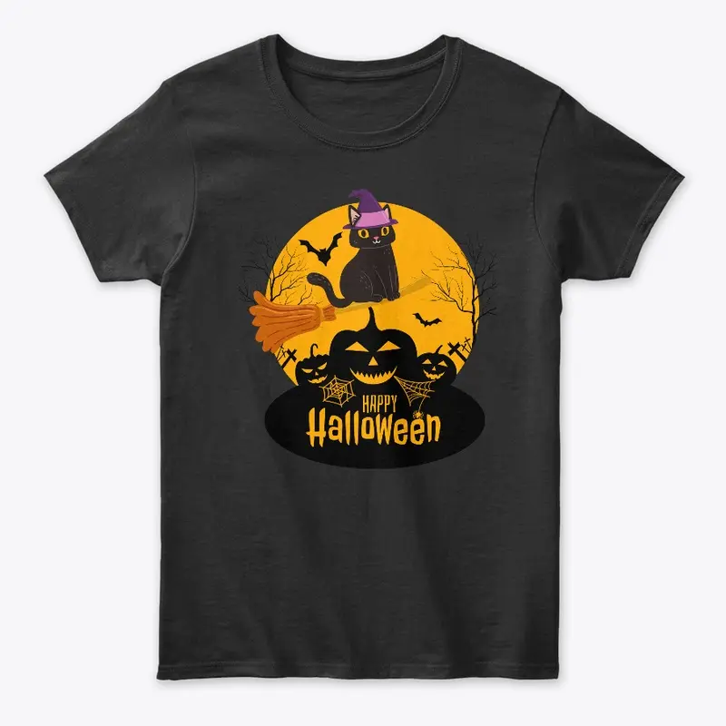 Happy Halloween Black Cat Witch T-shirt