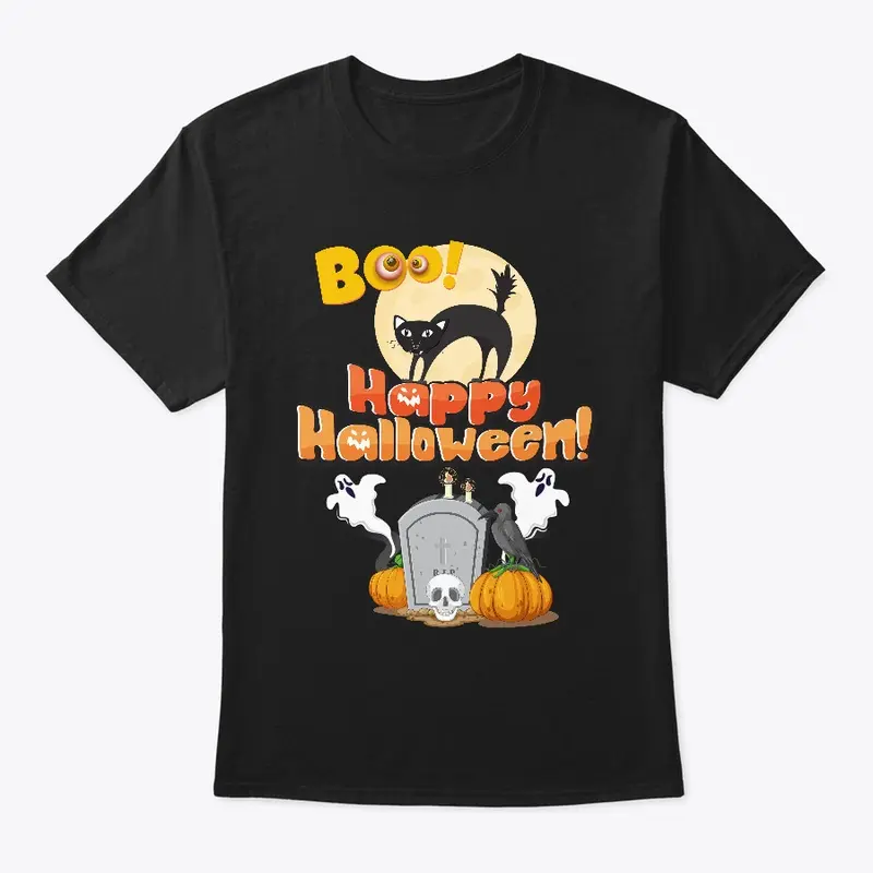 Boo Happy Halloween Black Cat T-shirt