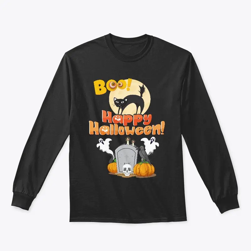 Boo Happy Halloween Black Cat T-shirt